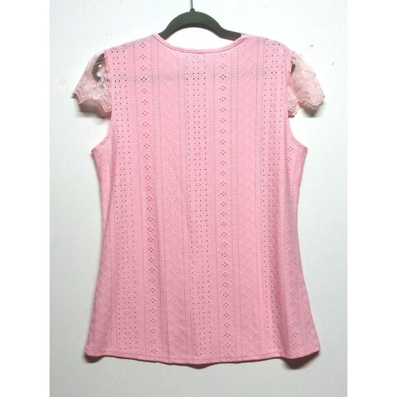 Womens top blouse 1X/2X/3X Pink EYELET KNIT romantic STRETCH lace CAP sleeve - Picture 2 of 12